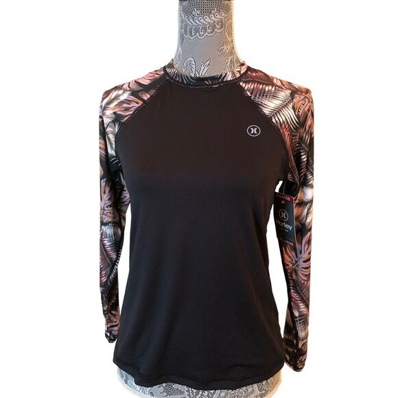 NEW Hurley Womens‎ Black Tropical Palm Rashguard Shirt Size Small UPF 50 - Picture 1 of 4